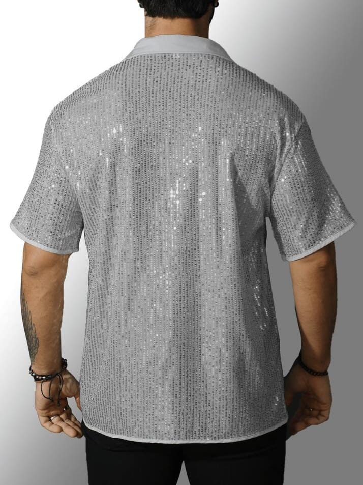 CrystalCity Men's Shiny Sequin Decorated Fashionable Disco Party Design Short Sleeve Shirt